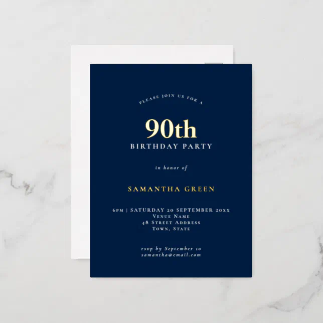 Elegant 90th Birthday Party Navy Blue Foil Invitation Postcard | Zazzle