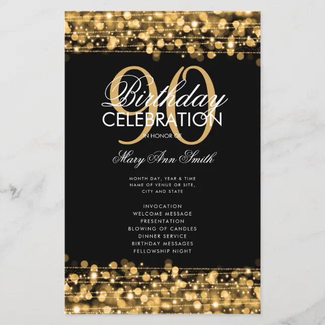 Elegant 90th Birthday Party Program Gold w/ Menu | Zazzle