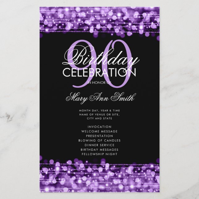 Elegant 90th Birthday Party Program Purple Menu Flyer (Front)