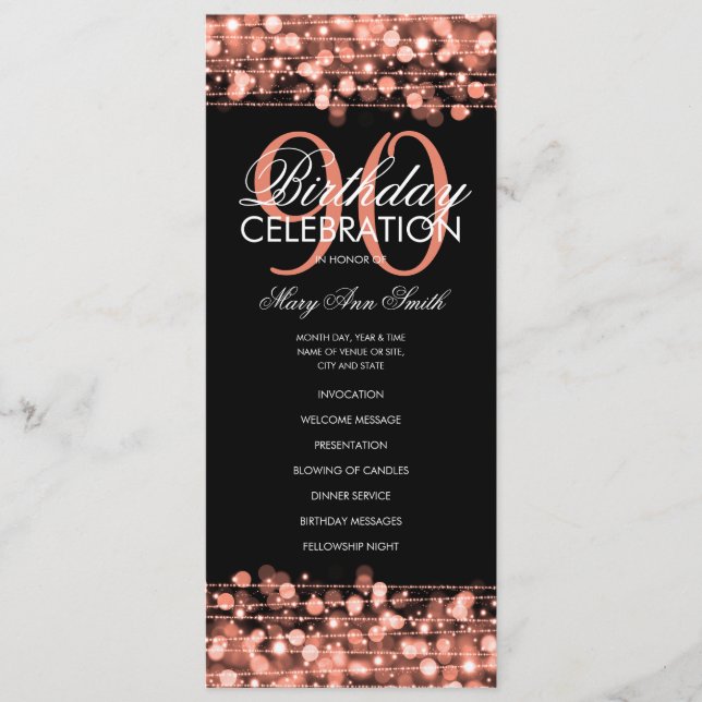 Elegant 90th Birthday Party Program Rose Gold Menu (Front)