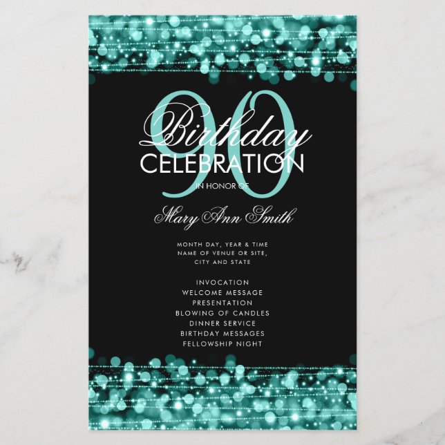 Elegant 90th Birthday Party Program Teal w/ Menu (Front)