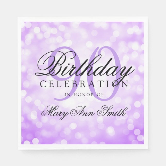 Elegant 90th Birthday Party Purple Glitter Lights Paper Napkins (Front)