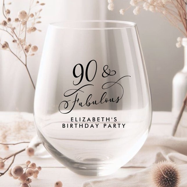 Elegant 90th Birthday Party Stemless Wine Glass (Creator Uploaded)