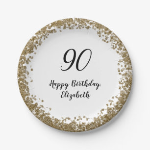 Elegant 90th Birthday Plates With Gold Sequins
