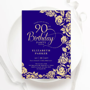 Elegant 90th Birthday Purple Gold Roses Invitation