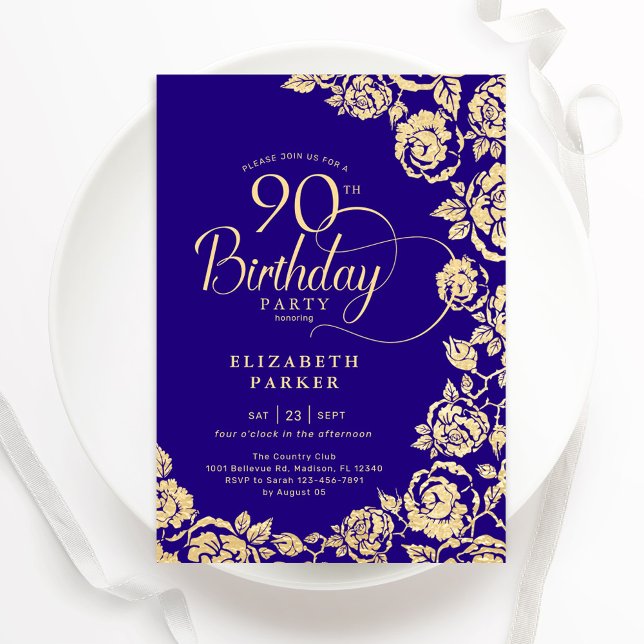 Elegant 90th Birthday Purple Gold Roses Invitation (Creator Uploaded)