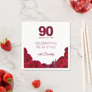 Elegant 90th Birthday Red Floral 90 Years Party Napkins