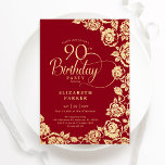 Elegant 90th Birthday Red Gold Roses Invitation<br><div class="desc">Red gold floral 90th birthday party invitation. Elegant design featuring roses,  faux gold foil and typography script font. Trendy invite card perfect for a stylish female bday celebration. Can be customized to any age. Personalize with your own details. Printed Zazzle invitations or instant download digital printable template.</div>