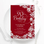 Elegant 90th Birthday Red Silver Roses Invitation<br><div class="desc">Red silver floral 90th birthday party invitation. Elegant design featuring roses,  faux silver foil and typography script font. Trendy invite card perfect for a stylish female bday celebration. Can be customized to any age. Personalize with your own details. Printed Zazzle invitations or instant download digital printable template.</div>