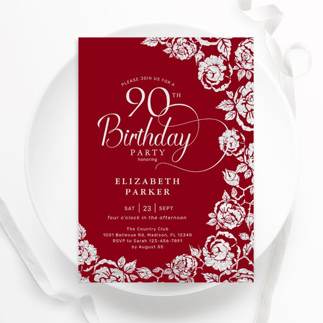 Elegant 90th Birthday Red Silver Roses Invitation (Creator Uploaded)