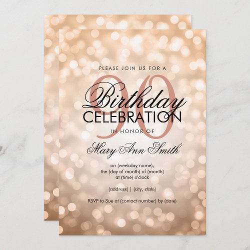 Elegant 90th Birthday Rose Gold Glitter Lights Invitation