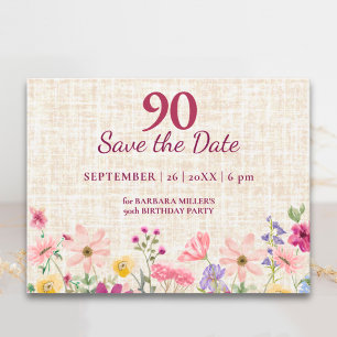 Elegant 90th Birthday Save the Date Linen Floral Announcement Postcard