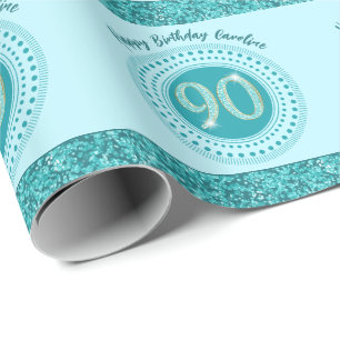 Elegant 90th Birthday Teal Blue Glitter & Stripes Wrapping Paper