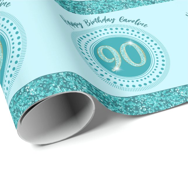 Elegant 90th Birthday Teal Blue Glitter & Stripes Wrapping Paper (Roll Corner)