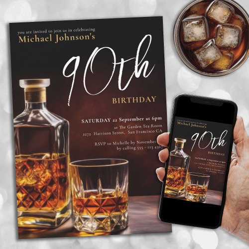 Elegant 90th Birthday Whiskey Themed Classy Party Invitation