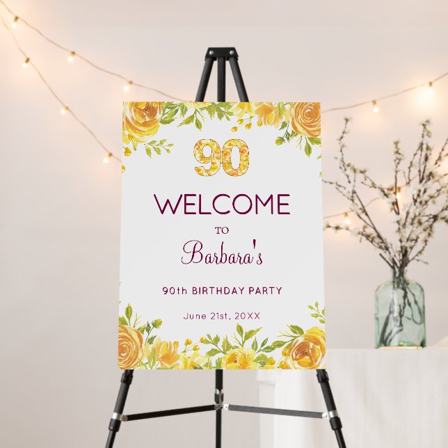 Elegant 90th Birthday – Yellow Roses Welcome Sign (In Situ (Stand))