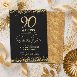 Elegant 90th Black Gold Glitter Birthday Save The Date