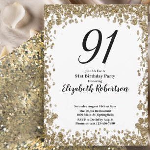 Elegant 91st Birthday Invitation For Her in Gold