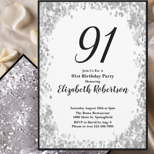 Elegant 91st Birthday Invitation For Her in Silver