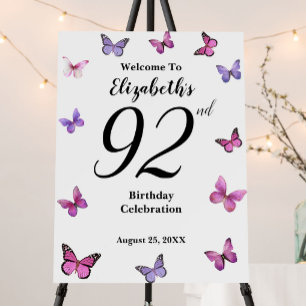 Elegant 92nd Birthday Butterfly Welcome Foam Board