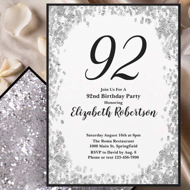 Elegant 92nd Birthday Invitation For Her in Silver (Creator Uploaded)