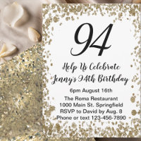 Elegant 94th Birthday Invitation For Her in Gold