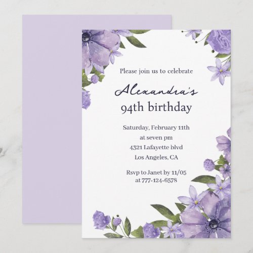 Elegant 94th birthday invitations Boho purple