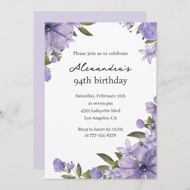 Elegant 94th birthday invitations Boho purple (Front/Back)