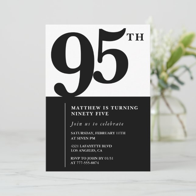 Elegant 95th birthday invitation Black Chic Modern (Standing Front)