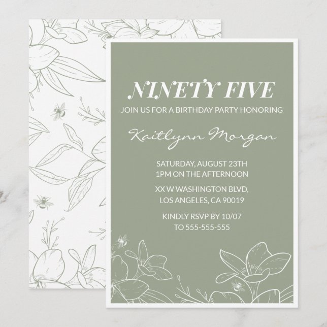 Elegant 95th birthday invitations Floral Green (Front/Back)