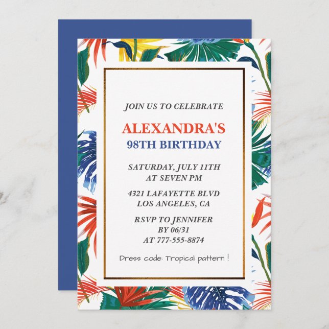 Elegant 98th birthday invitations Tropical Floral (Front/Back)