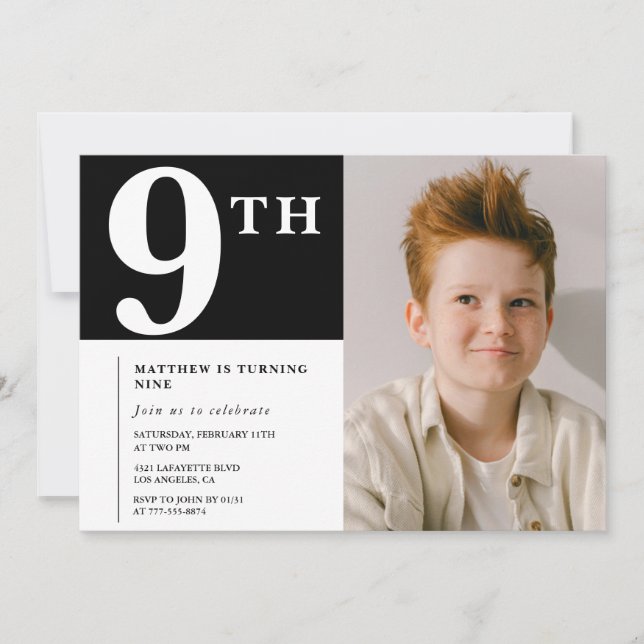Elegant 9th birthday invitation Black Boy Photo (Front)