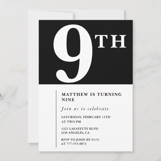 Elegant 9th birthday invitation Black Chic Boy (Front)