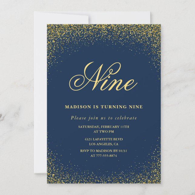 Elegant 9th birthday invitation Gold Navy Glam (Front)