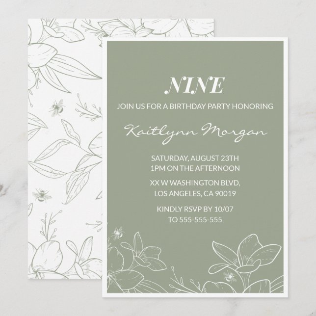 Elegant 9th birthday invitations Floral Green (Front/Back)
