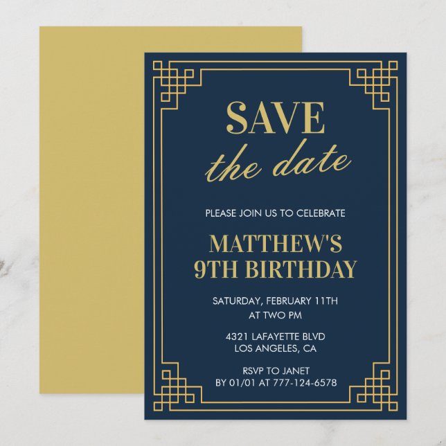 Elegant 9th birthday invitations Men Save the date (Front/Back)
