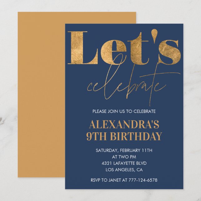 Elegant 9th birthday invitations Navy Gold  (Front/Back)