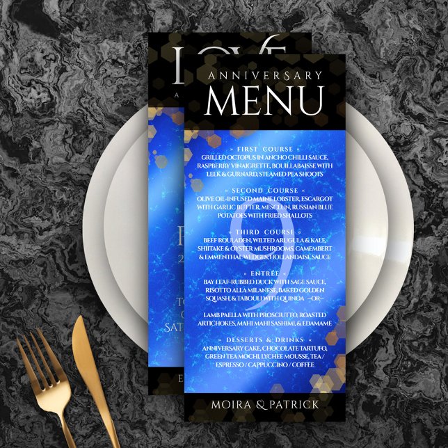 Elegant 9th Lapis Lazuli Wedding Anniversary Menu (Elegant 9th Lapis Lazuli Wedding Anniversary Menu Rack Card Cover Photo.)