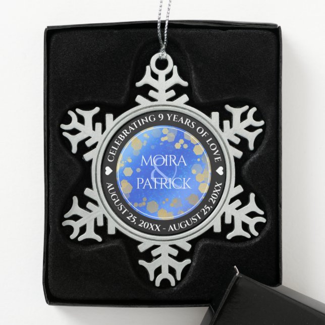 Elegant 9th Lapis Lazuli Wedding Anniversary Snowflake Pewter Christmas Ornament (Box)