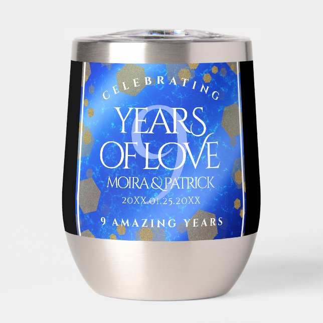 Elegant 9th Lapis Lazuli Wedding Anniversary Thermal Wine Tumbler (Front)