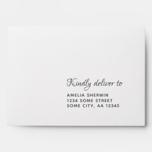 Elegant A7 Return Address Wedding Envelope - Elegant return address envelope for RSVP with an address on the front side. Personalize with your address and change or erase the text Kindly deliver to if you want. Inside the envelope is a beige color.