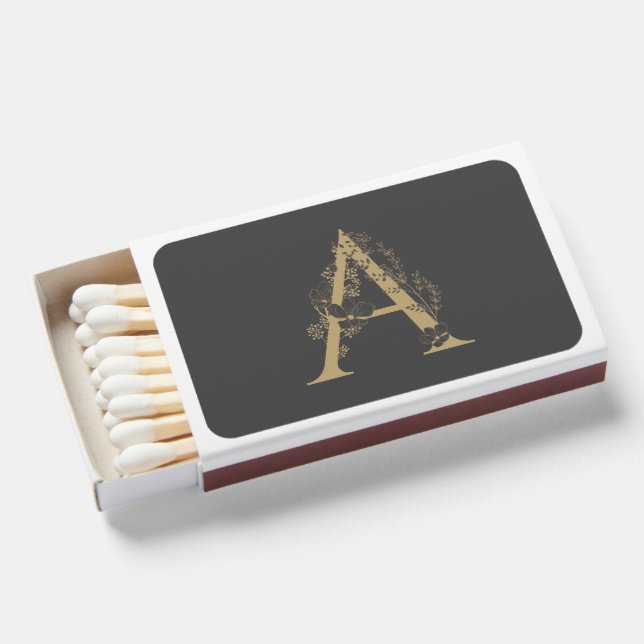 Elegant A Boho Floral Monogram Initial Gray Gold  Matchboxes (Front Open)