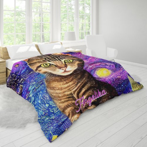 Elegant Abstract Airbrush Cat Custom Name Duvet Cover