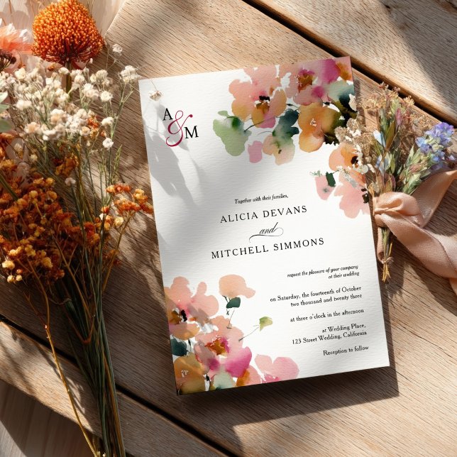 Elegant Abstract Autumn Floral Monogram Wedding Invitation (Elegant Abstract Autumn Floral Monogram Wedding Invitation)