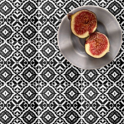 Elegant Abstract Black and White Geometric Pattern Ceramic Tile