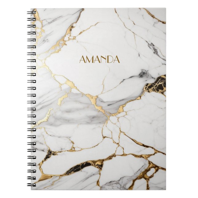Elegant abstract black and white gold marble stone notebook (Front)
