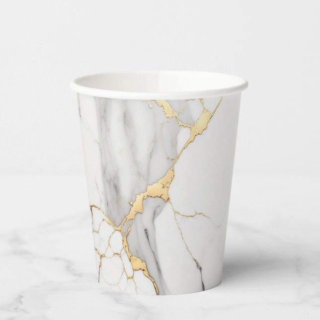 Elegant abstract black and white gold marble stone paper cups (Left)
