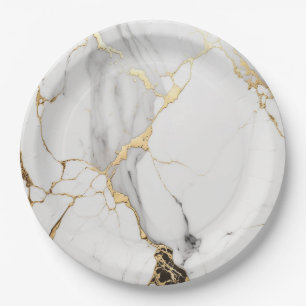 Elegant abstract black and white gold marble stone paper plates