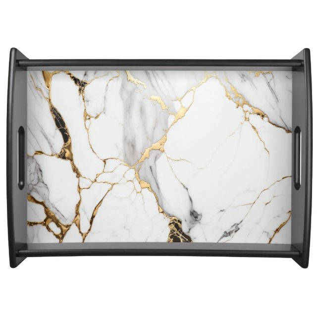 Elegant abstract black and white gold marble stone serving tray (Front)