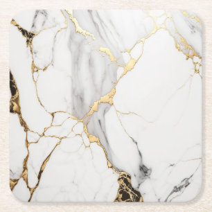 Elegant abstract black and white gold marble stone square paper coaster